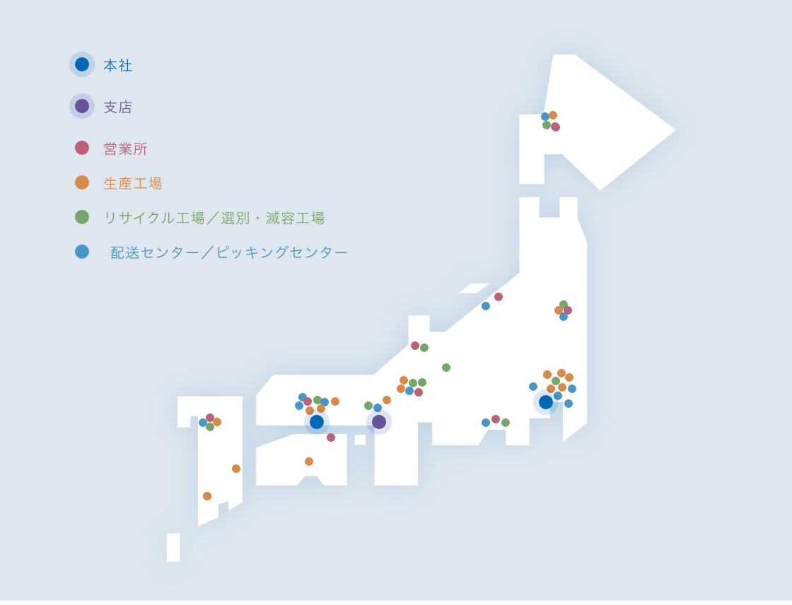 簡易的な日本地図で記されたエフピコグループ拠点一覧